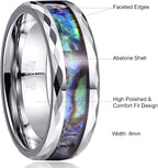 Vakki 8mm Abalone Shell Tungsten Rings for Men Women Black/Silver/Rose Gold Wedding Bands Faceted Edge Comfort Fit Size 5-14