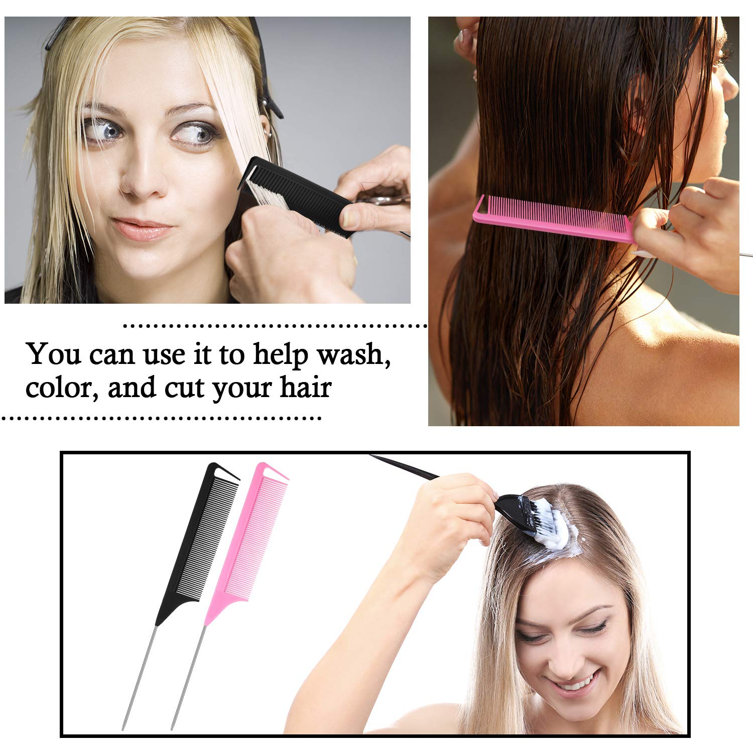 18 Pieces Parting Comb for Braids, Rat Tail Teasing Stainless Steel Pintail Comb for Hair Cutting Hair Styling Hairdressing (Black, Pink)