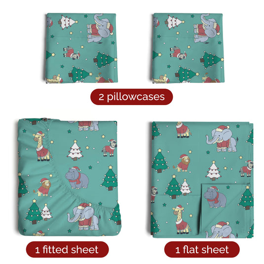 King Christmas Tree Sheet Set - Holiday Xmas Pattern Linen Set - Deep Pockets - Snug Fit - 4 Piece - Wrinkle Free - Comfy & Cooling Festive Winter Bedding - Easy To Care For - Kid Friendly