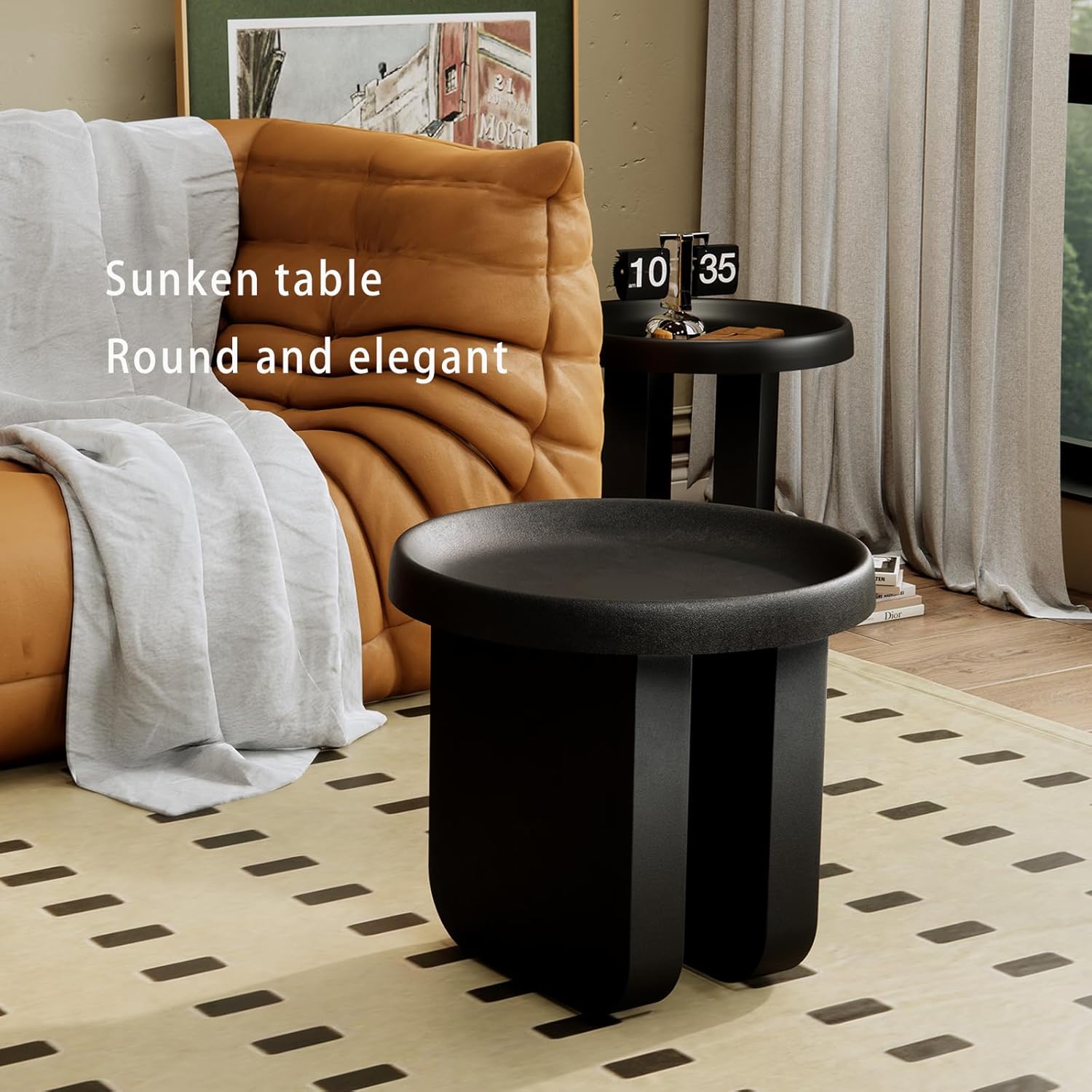 Round Side Table, Modern end Table,Metal Accent Table,Small Coffee Table,Unique Circle Accent Table for Living Room,Bedroom (Black, Small Circle：19.3 x 19.7（in）)