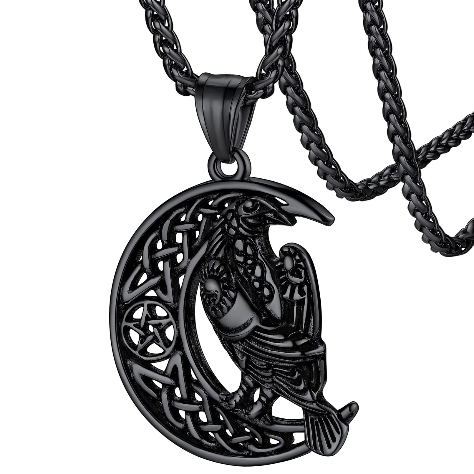 FaithHeart Viking Raven Necklace for Men, Norse Mythology Raven Skull Pendant Sturdy Stainless Steel Amulet Jewelry Gift for Men