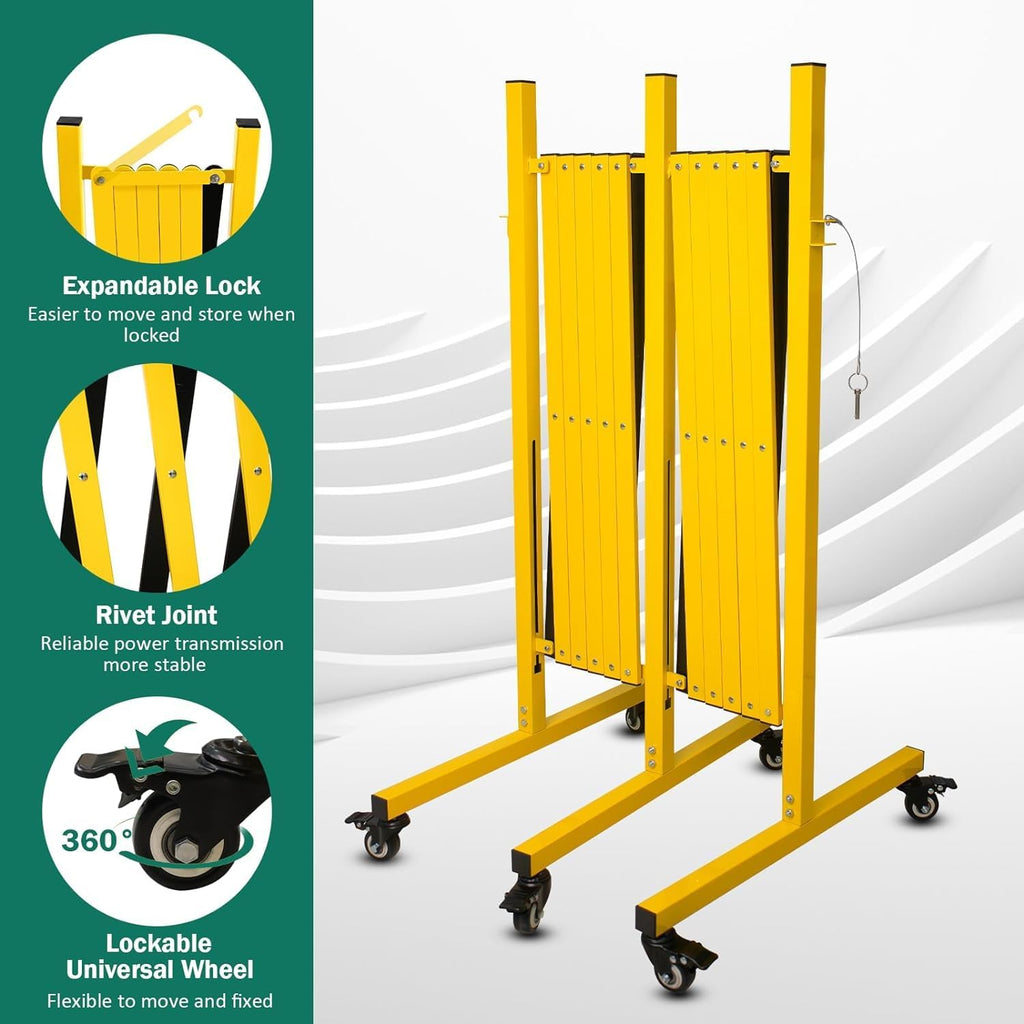 Industrial Expandable Metal Barricade 17 Feet, Yellow and Black Mobile Safety Barrier Gate, Retractable Traffic Fence with Casters, Folding Expandable Barricade for Road Construction, Garage