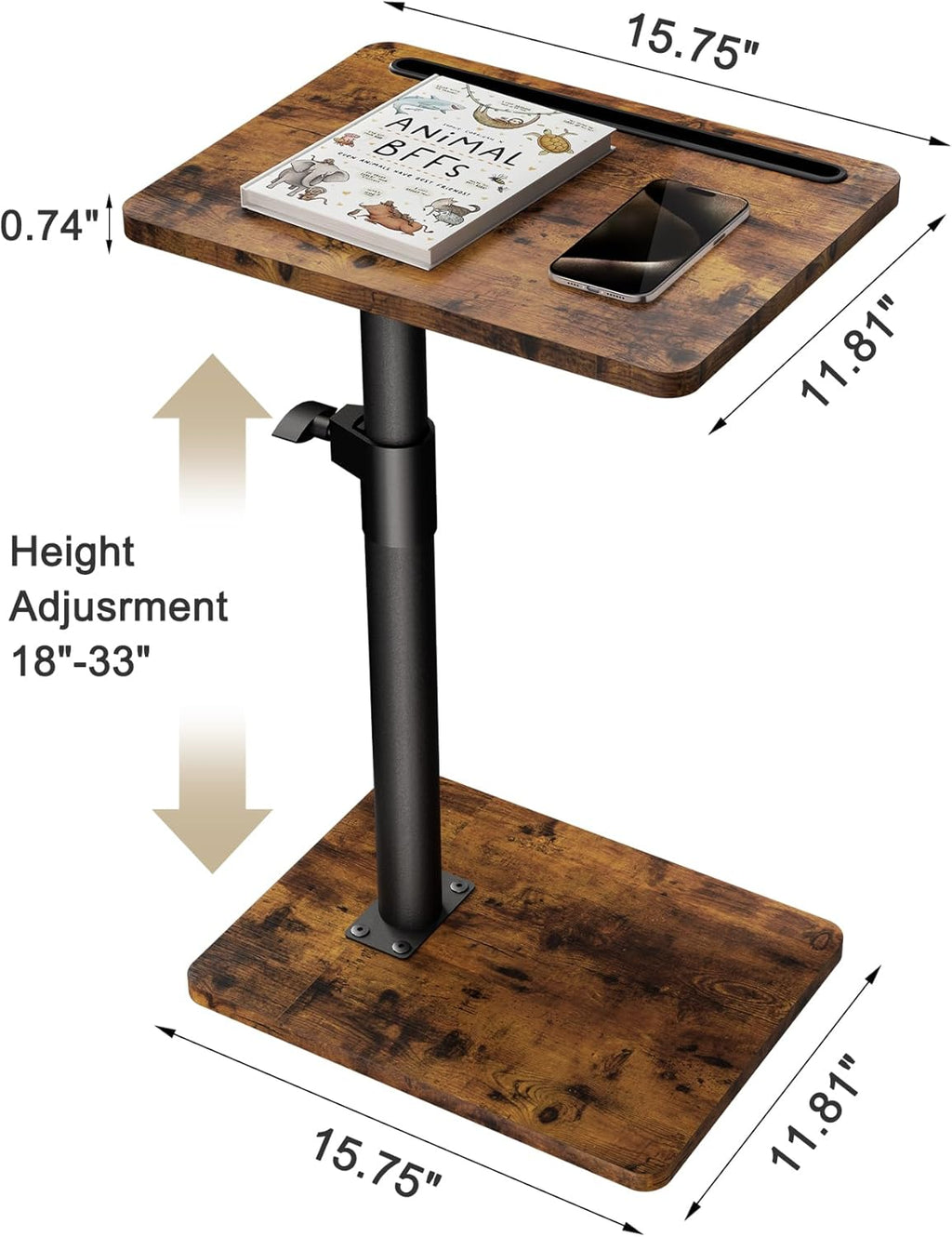Sofa Armrest Tray Table for Couch - 360° Swivel Height Adjustable End for Small Spaces, Snack Side Table for Bed or Chair with Phone & Tablet Slot (Rustic,Standard)
