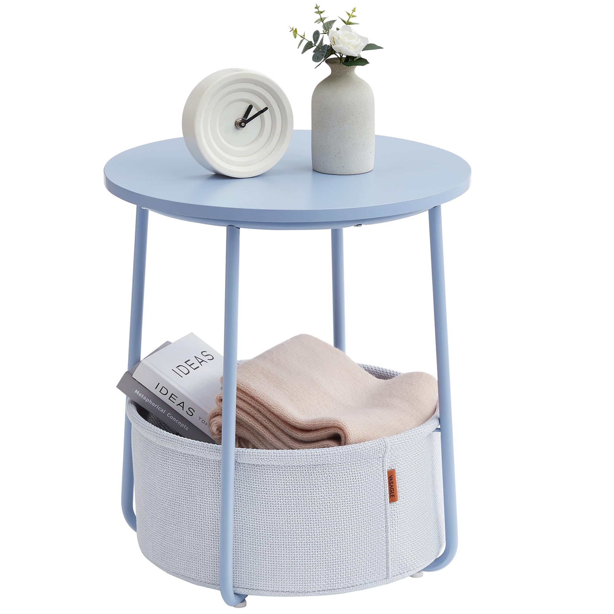 VASAGLE Small Round Side End Table, Modern Nightstand with Fabric Basket, Matte White and Camel Brown ULET223W10