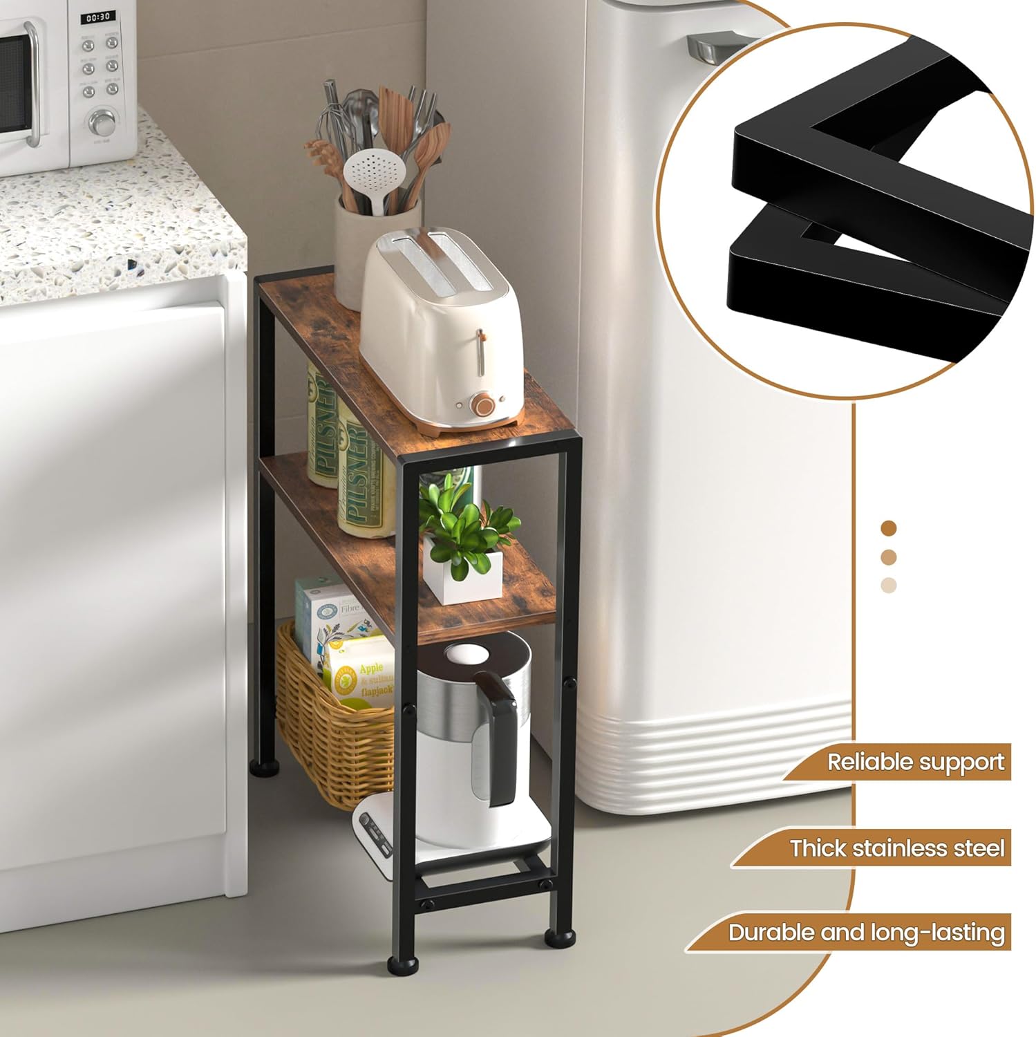 Narrow Side Table for Small Space, 2-Tier Small End Table with Shelf Holder, Slim Nightstand, Skinny Snack Couch Table in Living Room, Bedroom, Study, Kitchen and Balcony (Rustic Brown &Black)