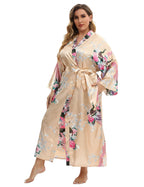 Women's Floral Long Satin Robes Plus Size Long Silk Robes Peacock Floral Kimonos Sleepwear Dressing Gown