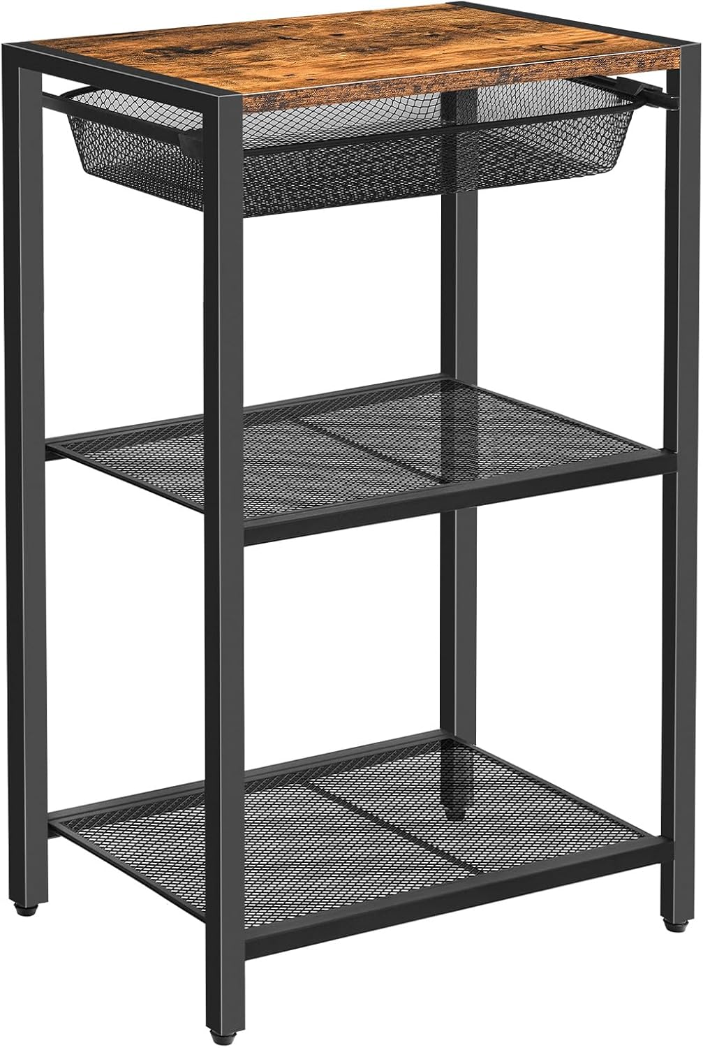 HOOBRO 28.7 Inch Tall Side Table, 3-Tier Industrial Telephone End Table with Adjustable Metal Mesh Basket, Desk Side Table with Storage Shelves, for Living Room, Bedroom, Rustic Brown BF06DH01