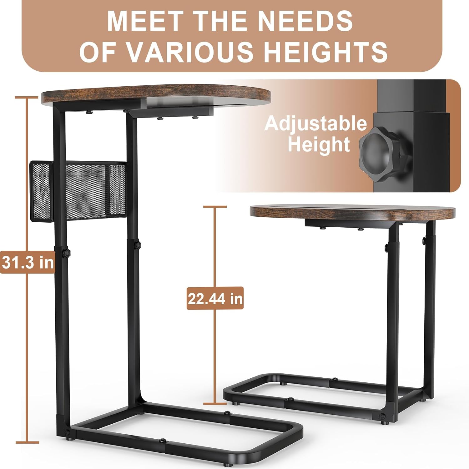 Couch Side Table with Large Tabletop, Tv Tray Table Adjustable Height with Storage Baskets, Strong and Stable Metal Frame, for Sofa, Bedside, TV Watching, Meals, Snacks, and Laptop Use