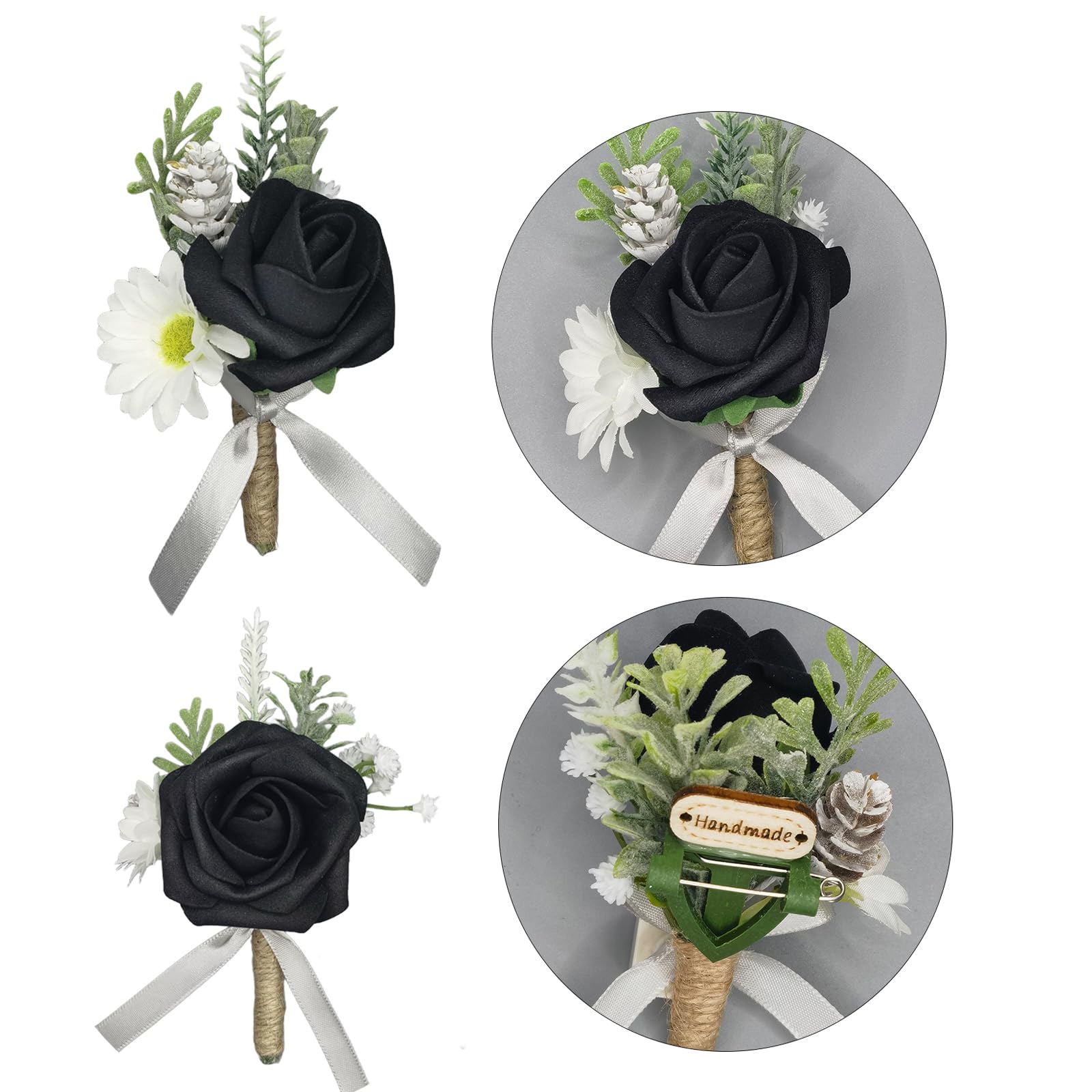 Corsage and Boutonniere Set Artificial Flower Wrist Corsage and Boutonniere for Men Groom Groomsmen Bride Bridesmaids,Wedding Prom Suit Decorations (1, Black)