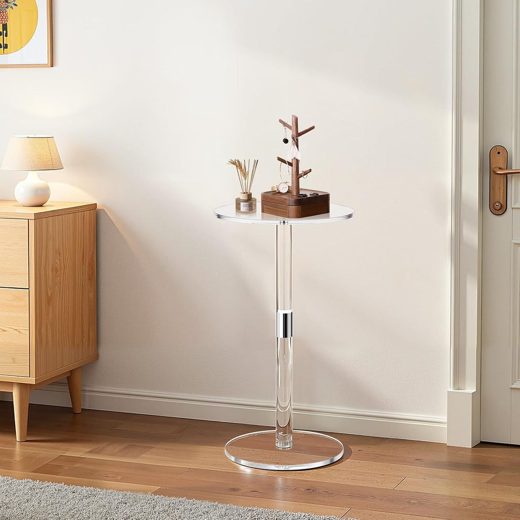 VEVOR Acrylic Drink Table, Clear End Table Round Top with Solid Post, Modern Acrylic Cake Table Stand, Transparent Side Desk for Coffee, Drink, Food, Snack, Easy Assembly, 10 x 10 x 21.3 in (Clear)