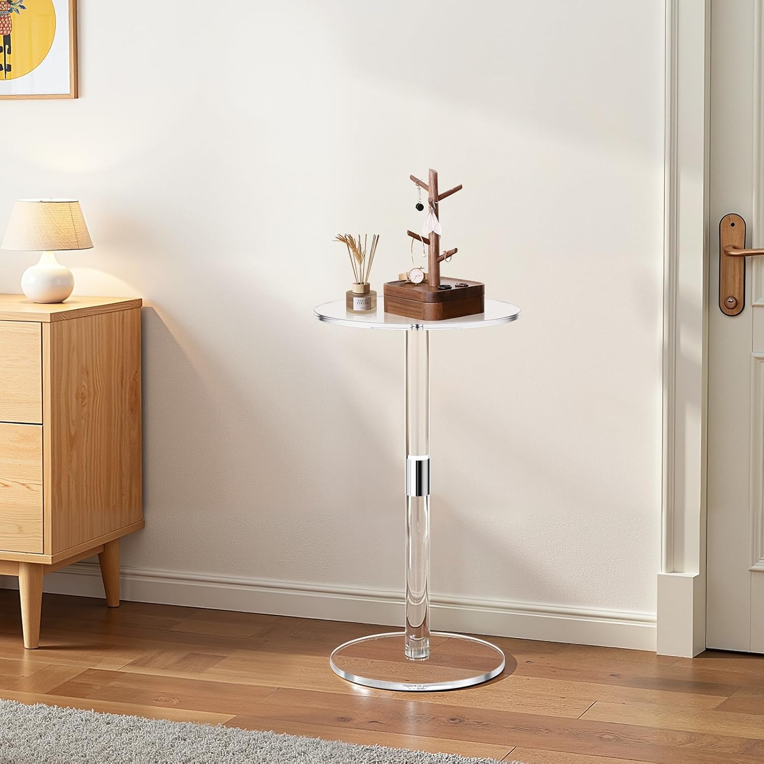 VEVOR Acrylic Drink Table, Clear End Table Round Top with Solid Post, Modern Acrylic Cake Table Stand, Transparent Side Desk for Coffee, Drink, Food, Snack, Easy Assembly, 10 x 10 x 21.3 in (Clear)