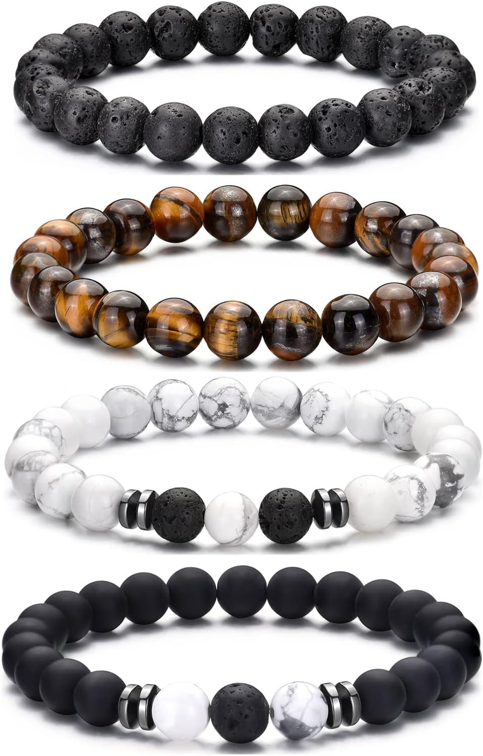 RANKEEF Tiger Eye Bracelet For Men 8MM Natural Stone Stretch Adjustable Black Crystal Beaded Bracelet for Men Women Gifts
