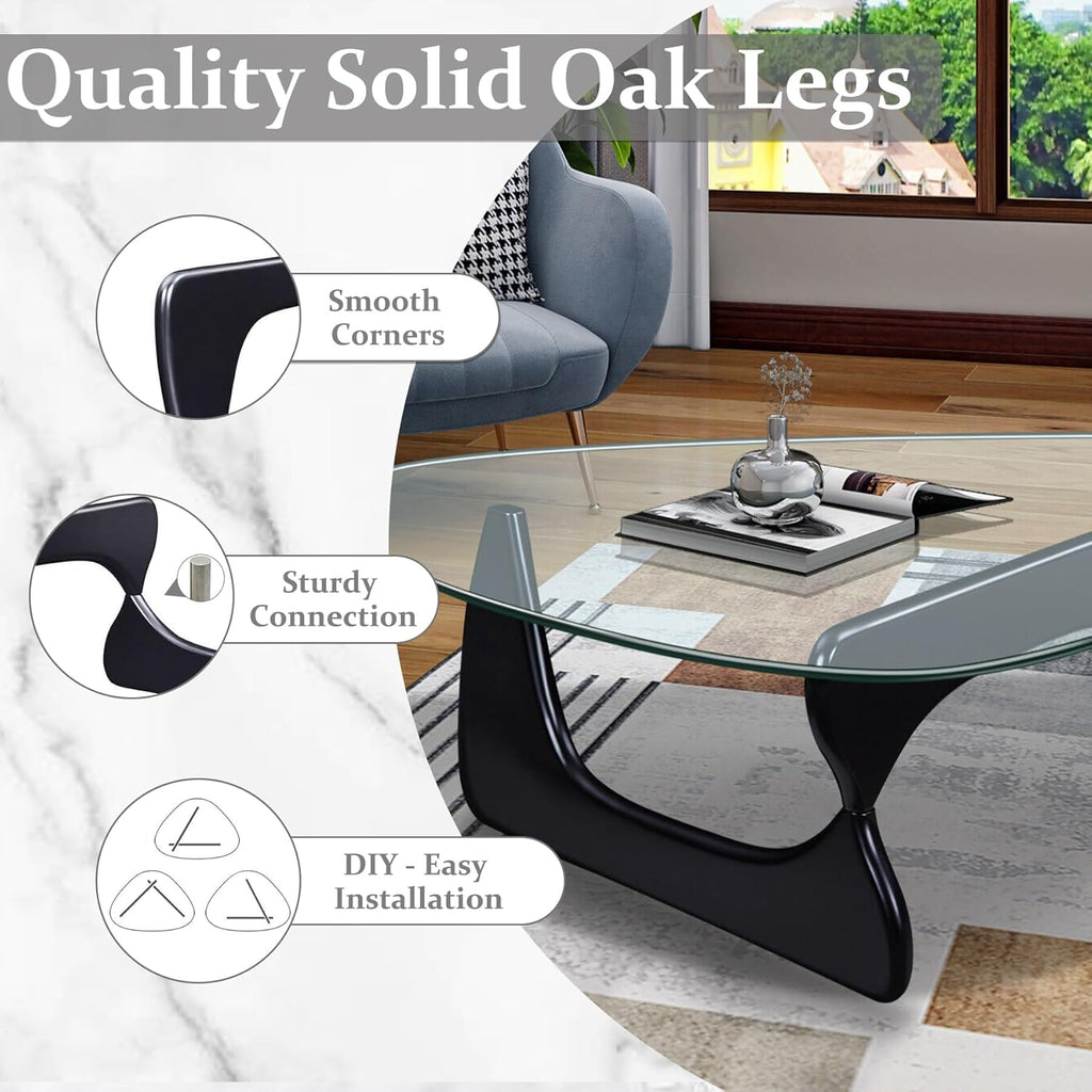 Triangle Glass Coffee Table-Mid-Century Modern End Table Solid Wood Base & Vintage Tempered Transparent Glass Top Coffee Tables Living Room Balcony (Black/Brown, Small 32.2 * 22.4 * 16in)