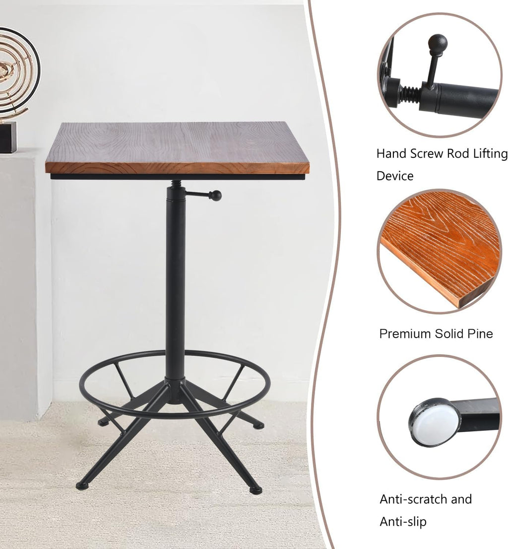 Diwhy Industrial Design Bar Table Height Adjustable 30.3-35.4in Kitchen Dining Coffee Bistro Pub Square Table Top Table Black