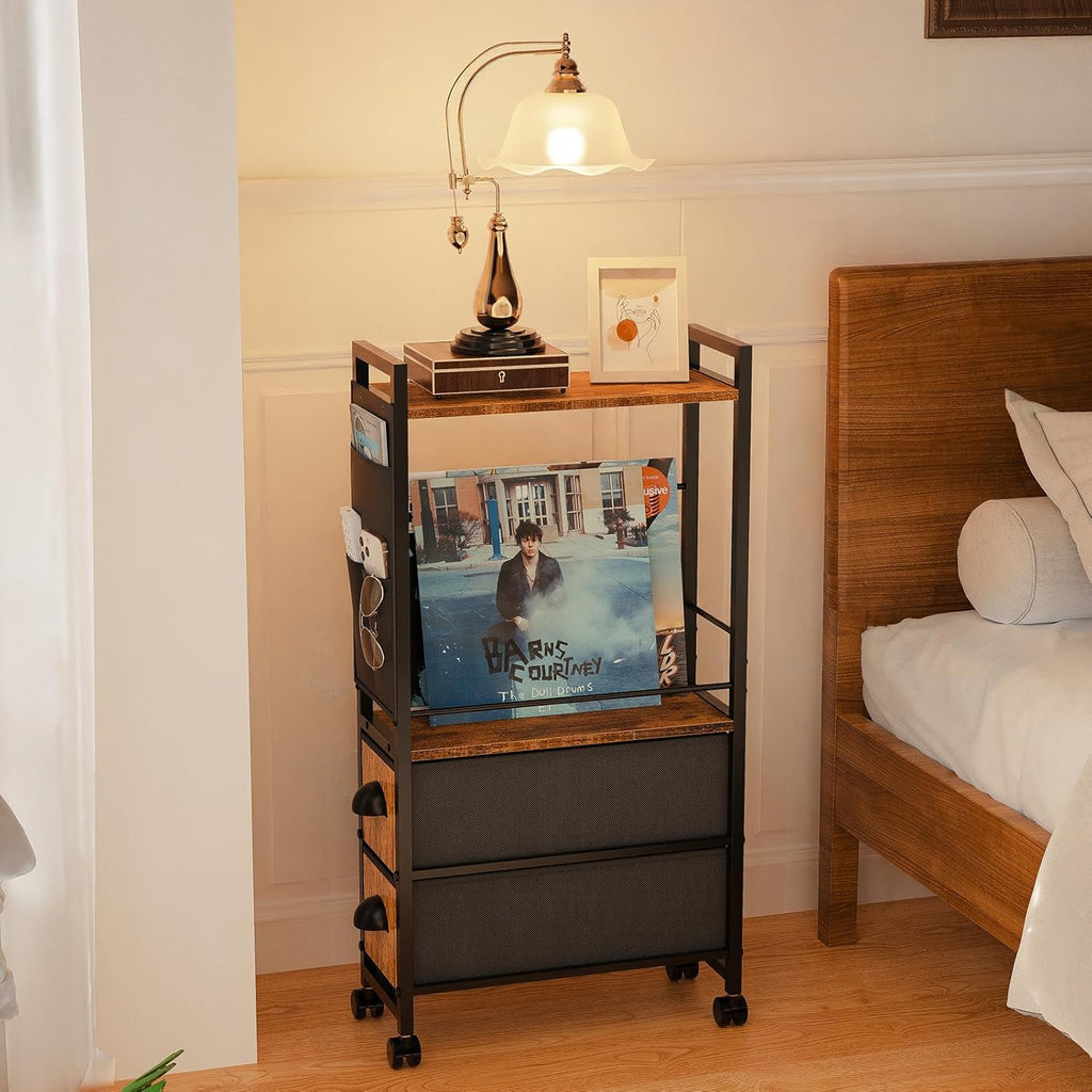 Small Narrow Side Tables for Small Spaces, Skinny Thin Bedside Nightstand End Table with Drawers&Wheels, Slim Tall Desk Magazine Rack with Storage Bag for Sofa Living Room Dorm Couch Bedroom