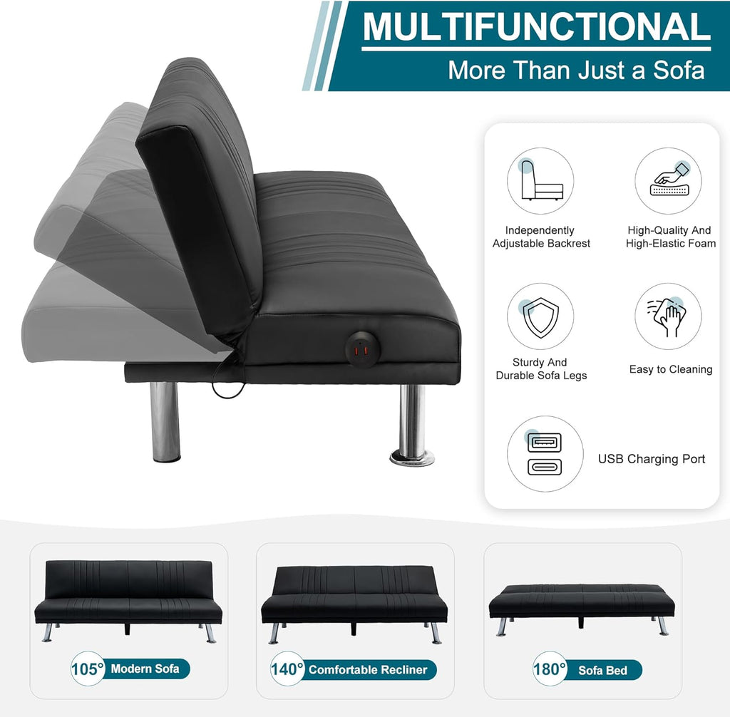 VECELO Modern Couch Bed, Convertible Sofa Bed/Folding Sleeper Couches Faux Leather Futon for Living Room, Futon Sofa Bed, Black