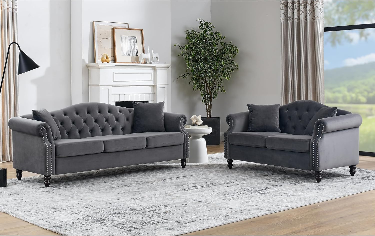 2 Piece Velvet Chesterfield Sofa,79" 3 Seater and 57" Loveseat Sofa Set,Button Tufted Nailhead Trimming Curved Backrest Rolled Arm (Grey, 79" 3 Seater and 57" Loveseat Velvet Sofa Sets)