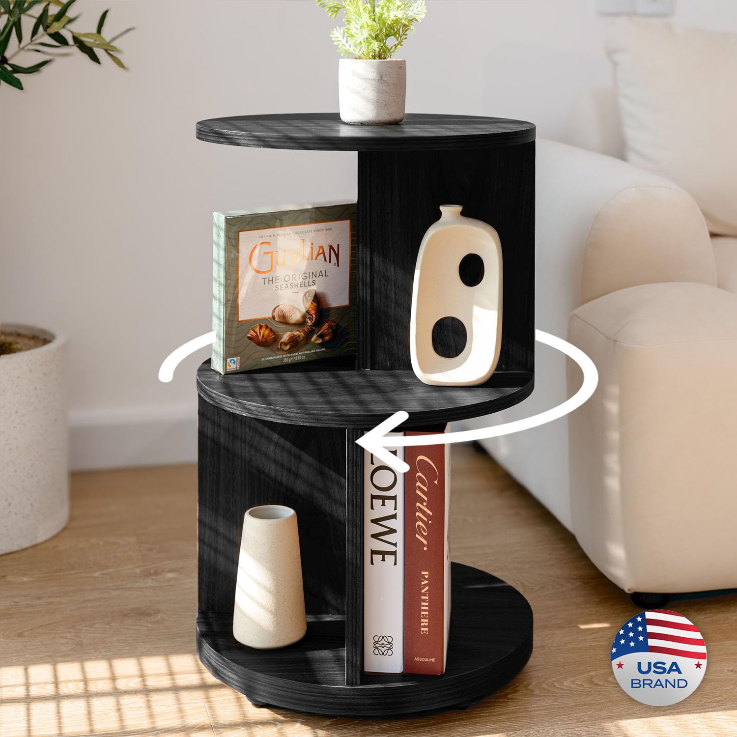 KAYMILY Living Room Side Table, Office Round Bookshelf End Table, Bedroom Mid Century Modern Nightstands, Contemporary Accent Tables - Easy Assembly - MDF Wood - Stationary - Walnut