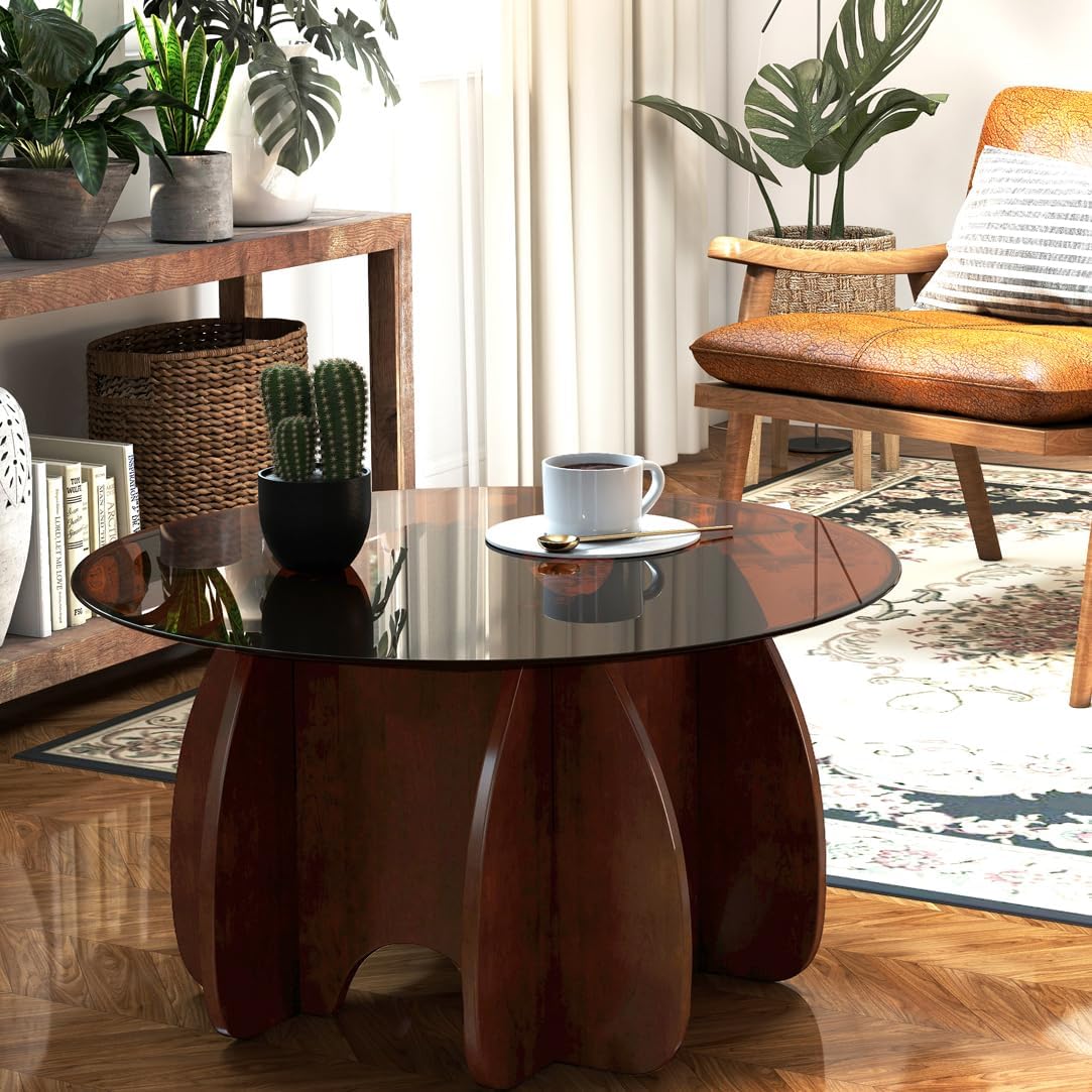 Round Glass Coffee Table Brown Glass Modern Center Tables for Living Room Small Spaces Creative Unique Accent Table Extendable Home Furniture