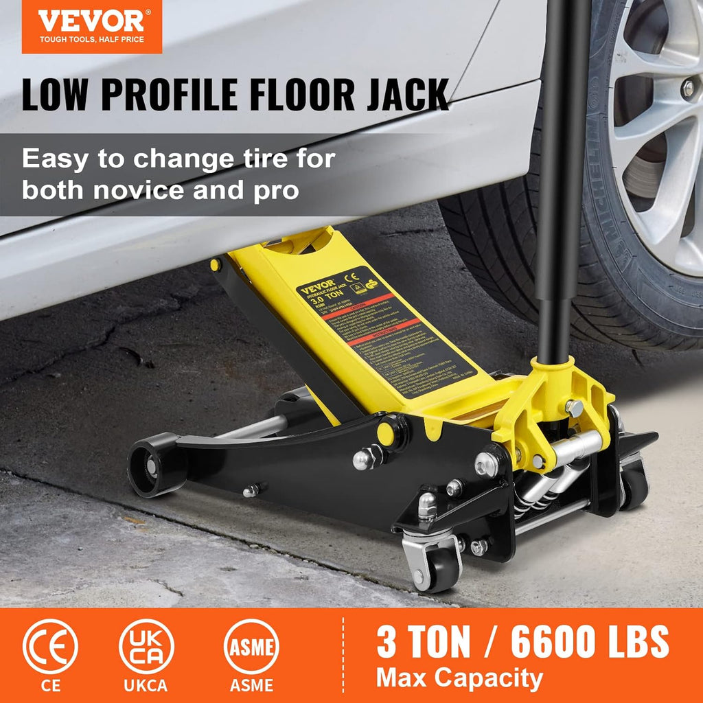 VEVOR 3 Ton Low Profile, Heavy-Duty Steel Racing Floor Jack with Dual Pistons Quick Lift Pump, Lifting Range 3.35"-19.69"