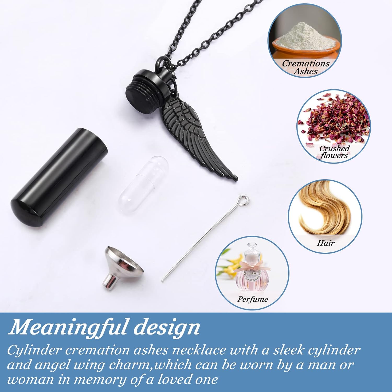Kigeli 10 Pcs Cylinder Cremation Urn Necklace with Angel Wing Stainless Steel Memorial Keepsake Pendant Cremation Necklaces for Ashes for Women Men Urn Jewelry Sets Keepsake Necklace with Filling Kit