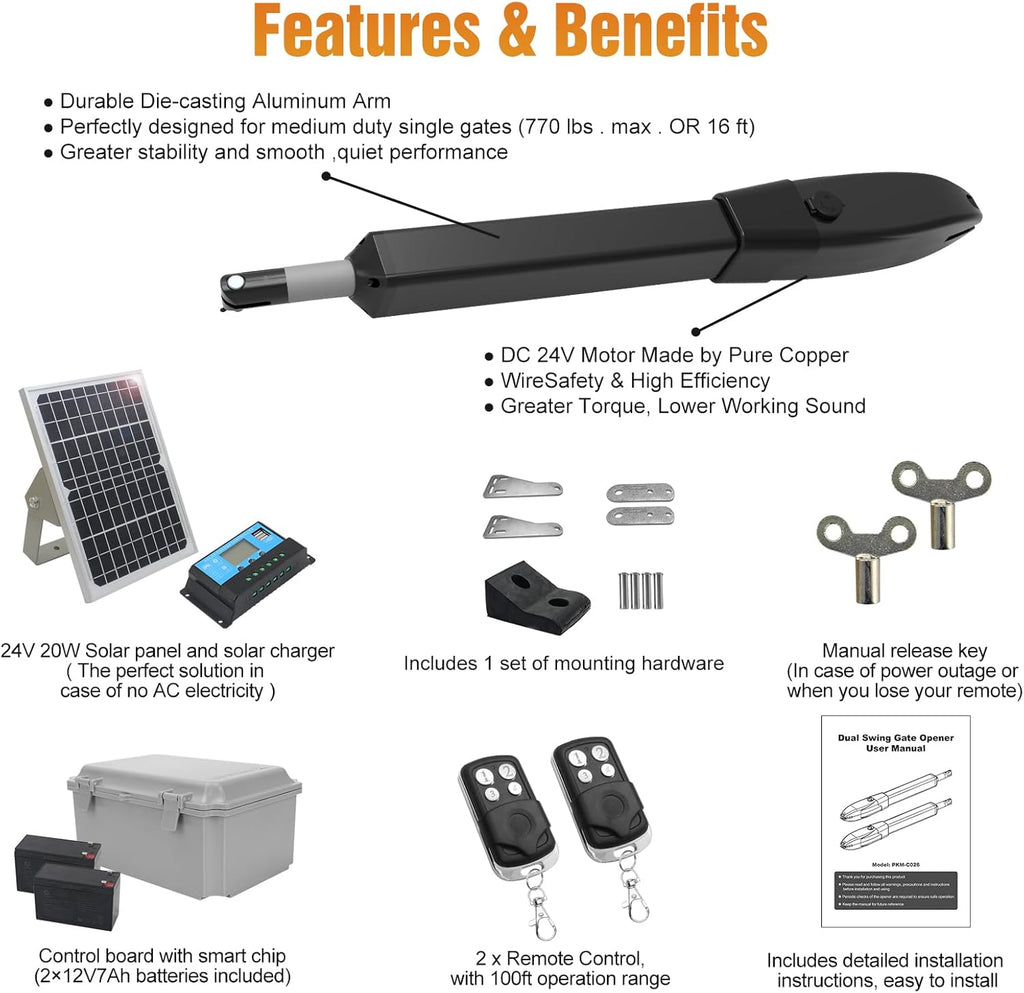 JUJIANG C026 Solar Gate Opener with Batteries & Solar Panel for Dual Swing Gates Up to 1540lb Automatic Gate Opener with Remote Complete Kit Medium Duty Electric Gate Opener Solar Powered 60W Motor