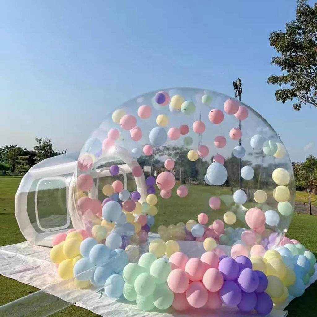 10FT aufblasbare Bubble-Haus-Kuppel für Kinder, klares PVC aufblasbares Bubble-Haus-Zelt mit Tunnel, Bubble-Ballon-Haus mit 800W Luftgebläse, 600W Luftpumpe mit 50 Ballons aufblasbare Kuppel für Party