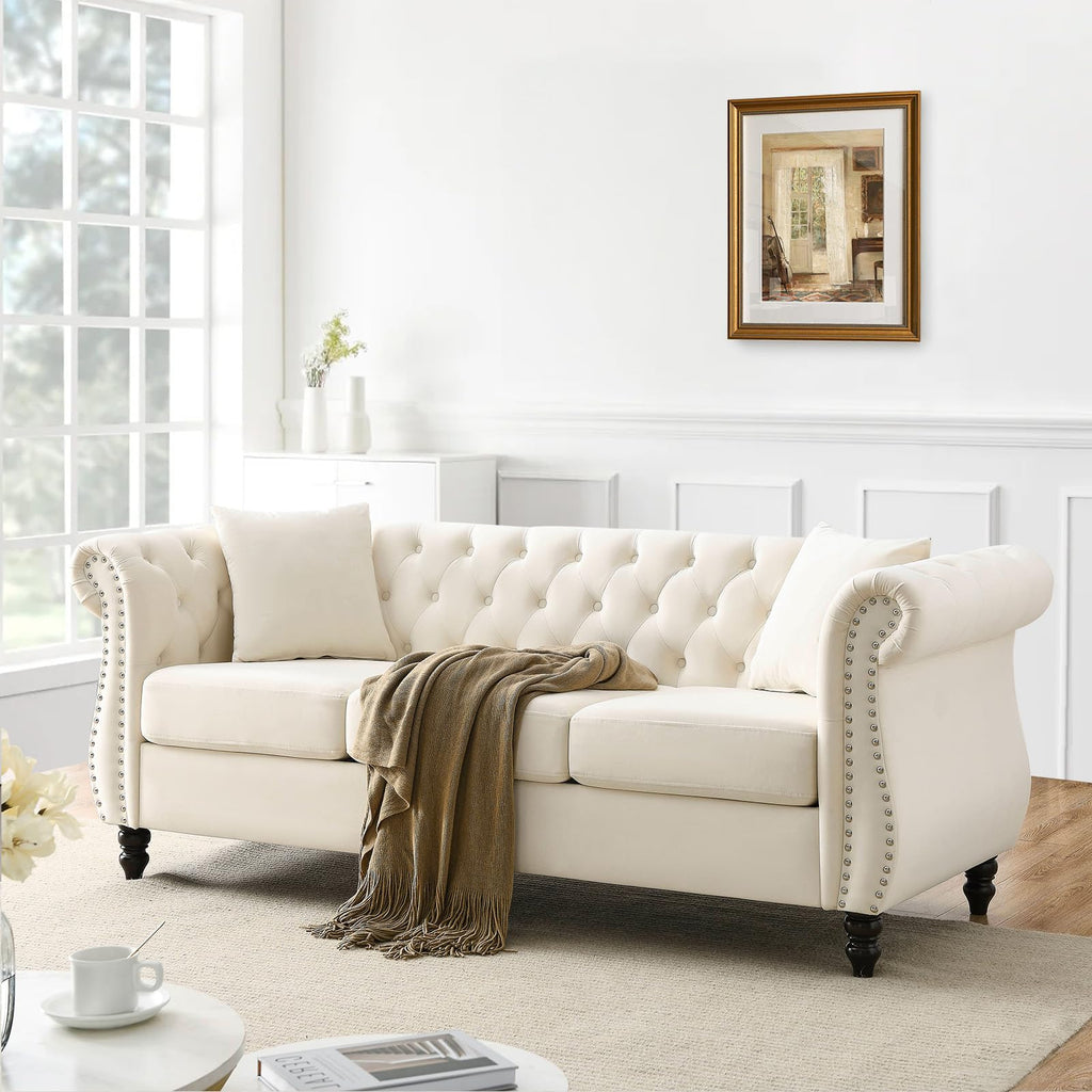 Chesterfield Sofa Couch,80" Button Tufted Velvet Sofa with Rolled Arms&Nailhead Trim,Comfy 3 Seater Sofa,Oversize Mid Century Modern Couch for Living Room,Bedroom,Apartment,Office(Black)