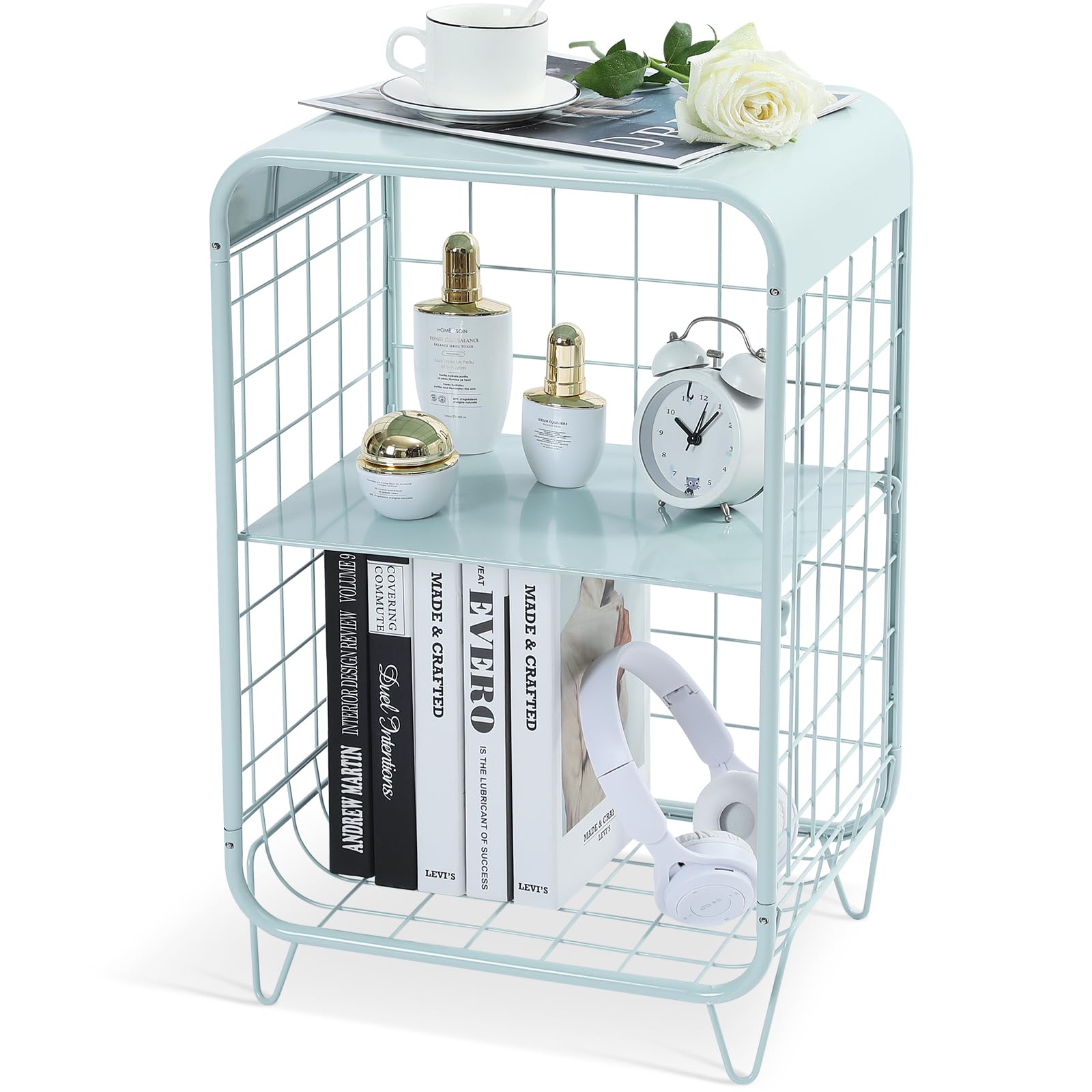 APEXCHASER Cute Nightstand,Metal Side Table,3 Tier End Table with Storage,Vintage Bedside Table,Girls Bedroom Furniture,Coffee Table for Living Room,Bedroom,Dorm,White