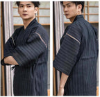 Men's Kimono Japanese Jinbei Shirt and Pant Cotton Linen Loungewear Lounge Set Spa Bathrobe, Style 5 Multicolor