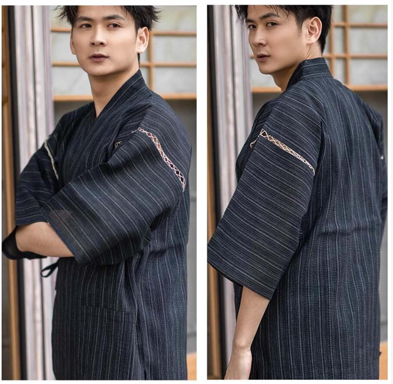 Men's Kimono Japanese Jinbei Shirt and Pant Cotton Linen Loungewear Lounge Set Spa Bathrobe, Style 5 Multicolor