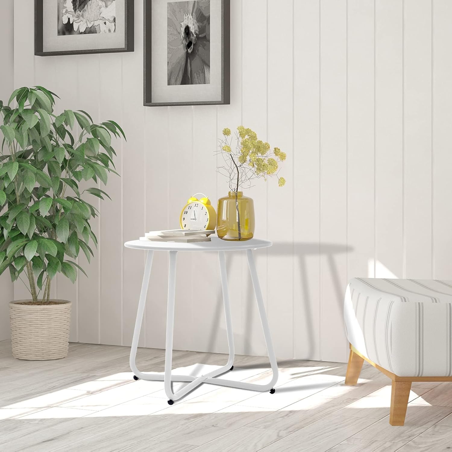 Patio Outdoor Side Table Waterproof Round Metal Steel Small Side Table Weather Resistant Portable Outdoor and Indoor End Table for Garden Balcony Yard, White