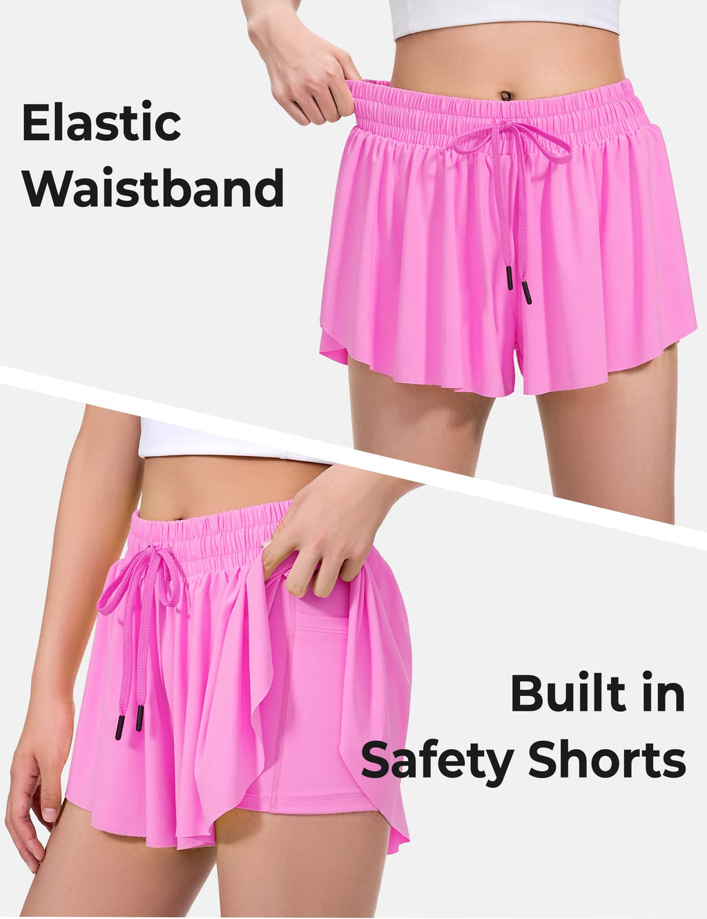 BOOPH Girls Flowy Shorts Athletic Butterfly Shorts Girls with Inner Pockets for Running Tennis Rose Red 9-10Y