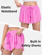 BOOPH Girls Flowy Shorts Athletic Butterfly Shorts Girls with Inner Pockets for Running Tennis Rose Red 9-10Y