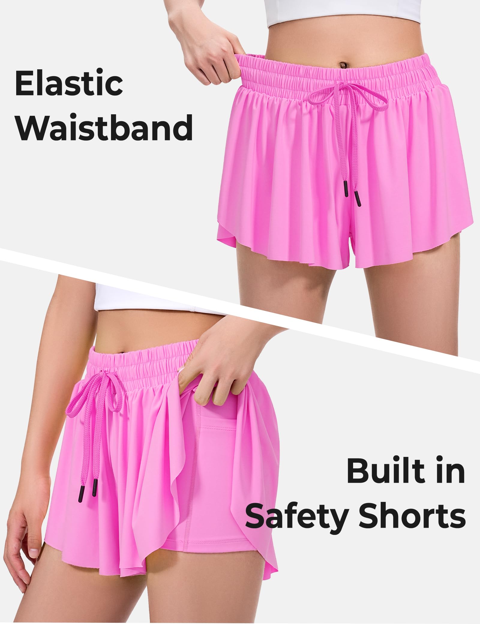 BOOPH Girls Flowy Shorts Athletic Butterfly Shorts Girls with Inner Pockets for Running Tennis Rose Red 9-10Y