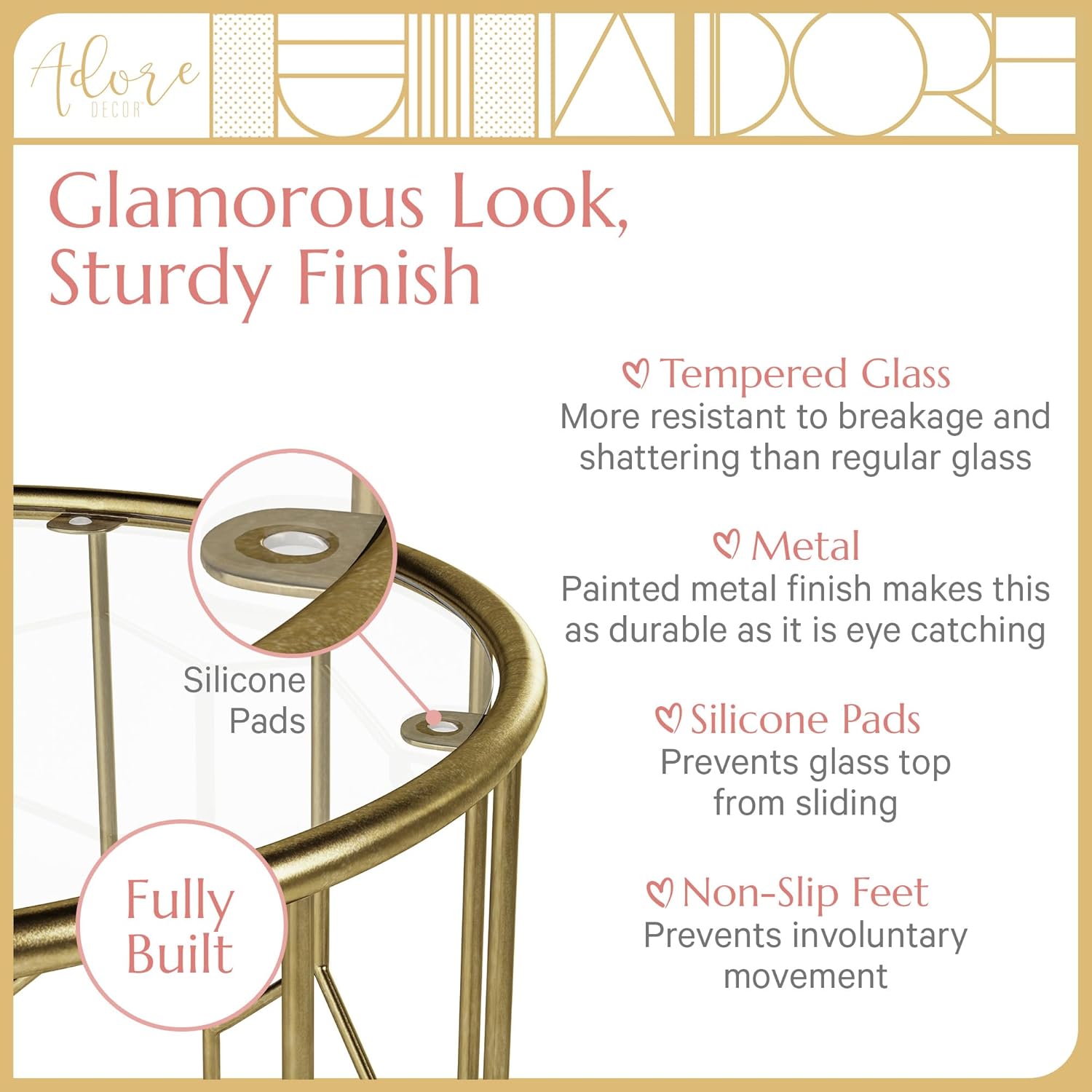 Harper Accent Side Table with Stylish Gold Frame, Round 16" Glass Top, Brushed MetalBase, Modern Metal SideTable or EndTable for Living Room, BedsideTable in Bedroom, Fully Assembled