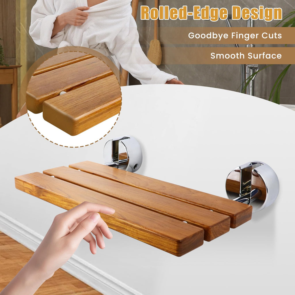 20" Teak Folding Shower Seat Wall Mounted,Fold Down Shower Bench for Small Shower Space, Home Care Teak Wood Stool for Inside Shower,Pregnants-Maximum Load 440lb[European Teak]