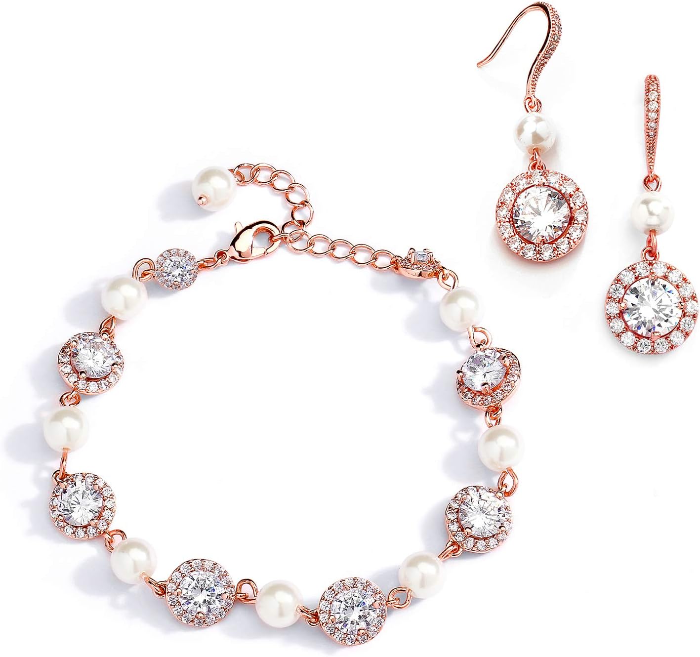 Mariell Rose Gold & Pearl Round CZ Bridal Bracelet & Earrings Set - Wedding Jewelry Sets for Bridesmaids