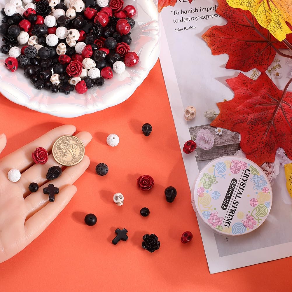 SUNNYCLUE 203Pcs Halloween Skull Beads Skeleton Charms Bulk Natural Lava Rock Synthetic Turquoise Black Stone Cross Flower Rose Spacer Beads for Jewelry Making Bracelets Necklaces DIY Crafts