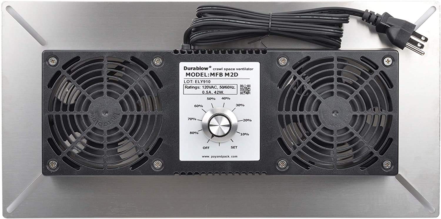 Durablow 220 CFM Air-Out Stainless Steel Crawl Space Vent Fan, Dual Fans with Dehumidistat & Thermostat, Foundation Vent, Radon Mitigation, for Crawl Space, Basement (Stainless Steel 430, M2D-S430)
