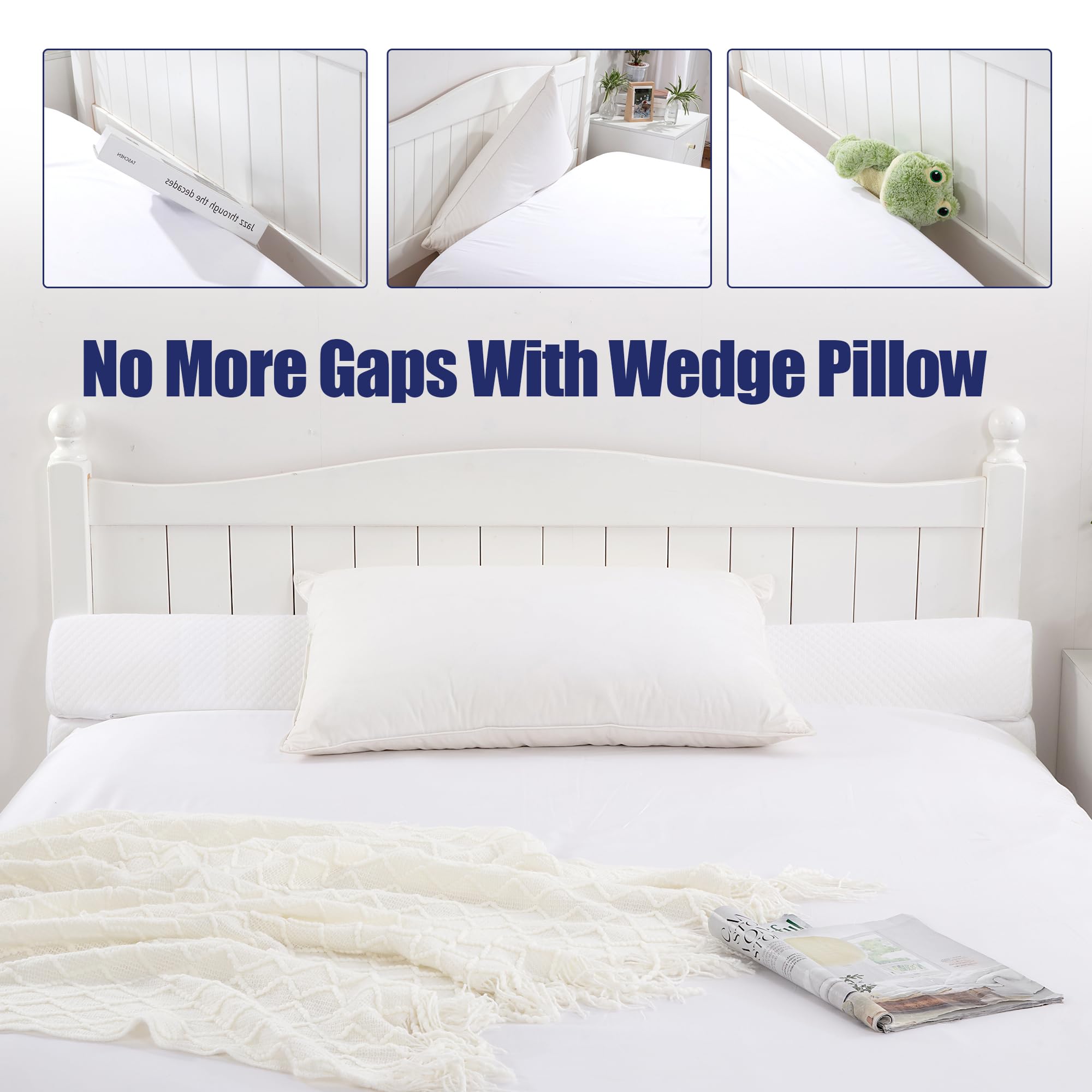 Poduszka klinowa HOMBYS do zagłówka łóżka, składany klin do wypełniania szczeliny łóżka King Size, wypełniacz szczeliny materaca, wielofunkcyjna poduszka do szczeliny łóżka, wypełnia szczelinę (0-7") między zagłówkiem a materacem, biały