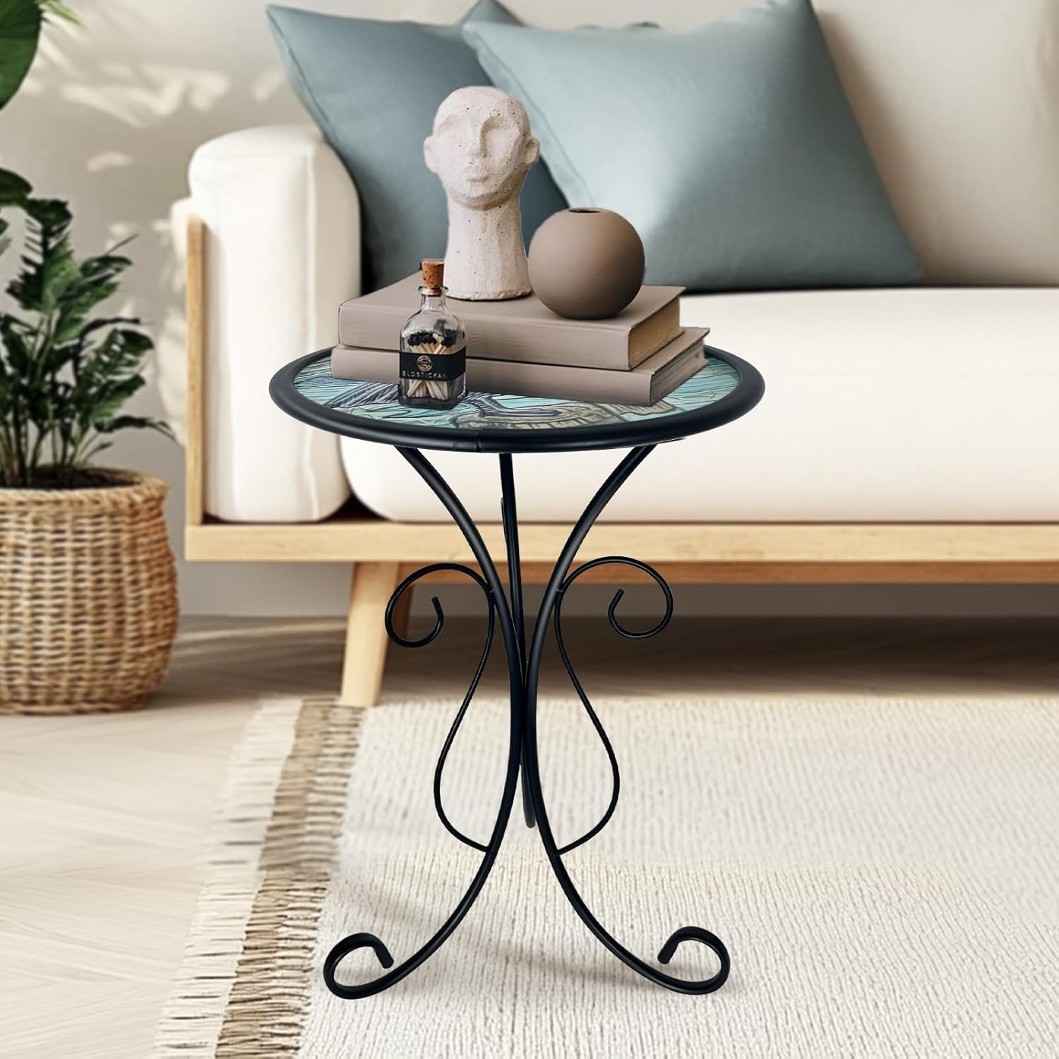 HONGLAND Outdoor Side Table, Small Outdoor Table, 12" Round Patio Side Table End Table, Glass Plant Stand, Small Bistro Coffee Table for Garden Patio Porch Living Room (Pelican)