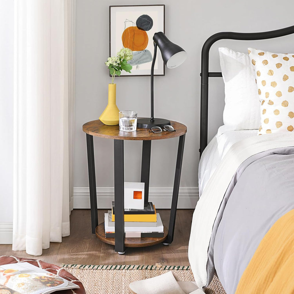 VASAGLE End Table, Round Side Table with Storage Shelf, Easy Assembly, Industrial Accent Furniture with Steel Frame, Rustic Brown and Black