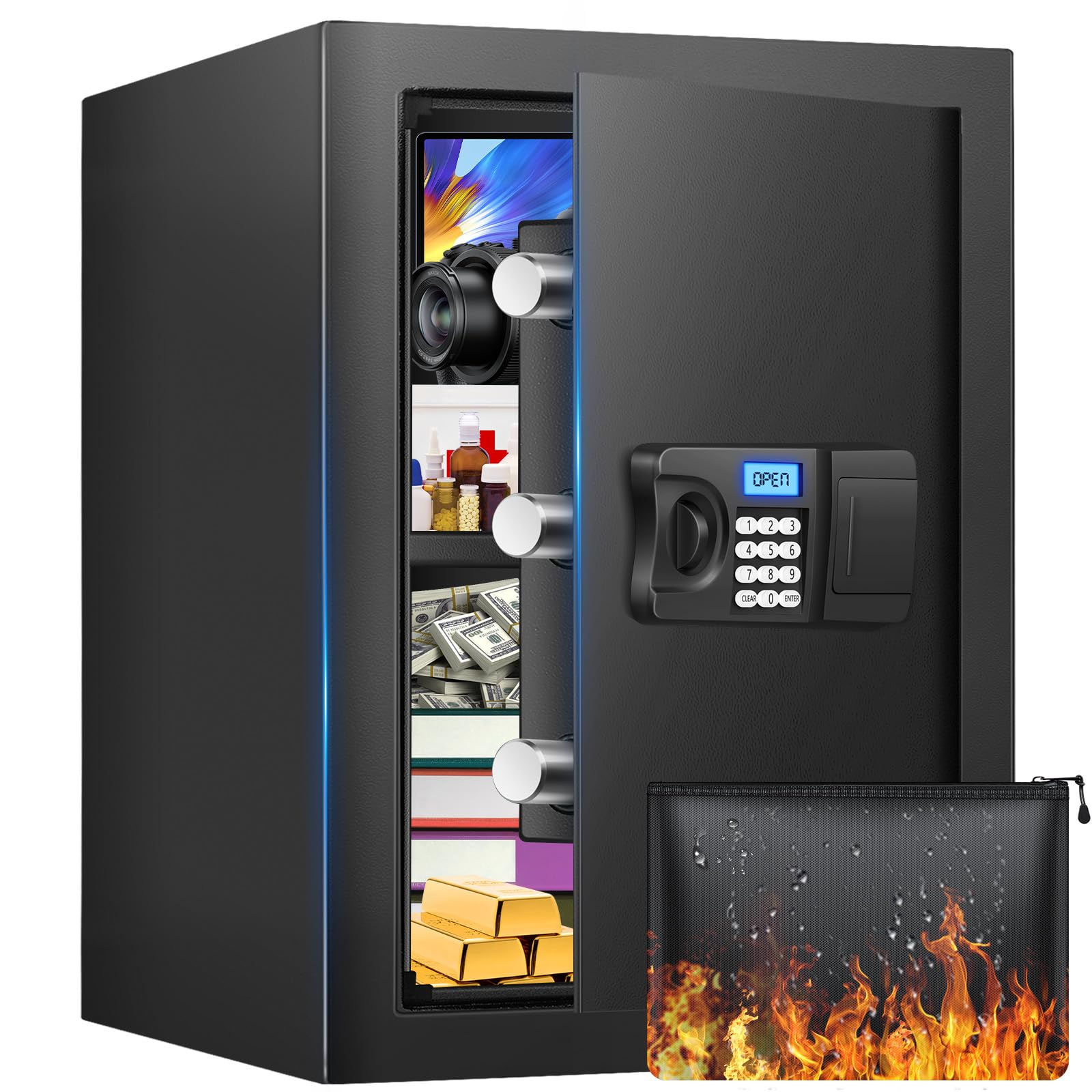 2.6 Cuft Home Safe Box With Fireproof Waterproof Bag, Backlight Programmable Keypad, Smart Alert, Security Digital Office Safe Box For Business Money Jewelry Valuables