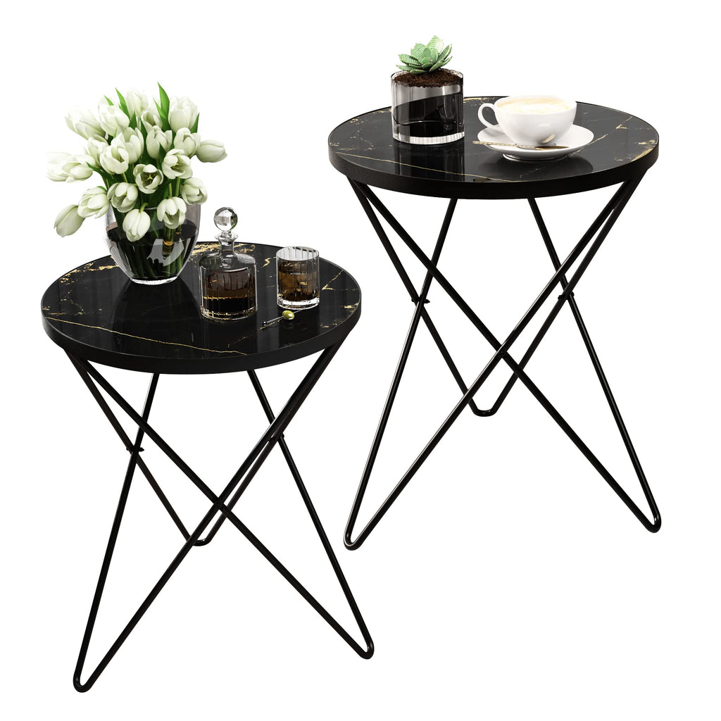 HLR Modern Round Side Table, End Table with Marble Effect Top and Gold Metal Frame, Small Side Table for Living Room, Bedroom, Sofa and Couch, Gold Legs, Green Marble top