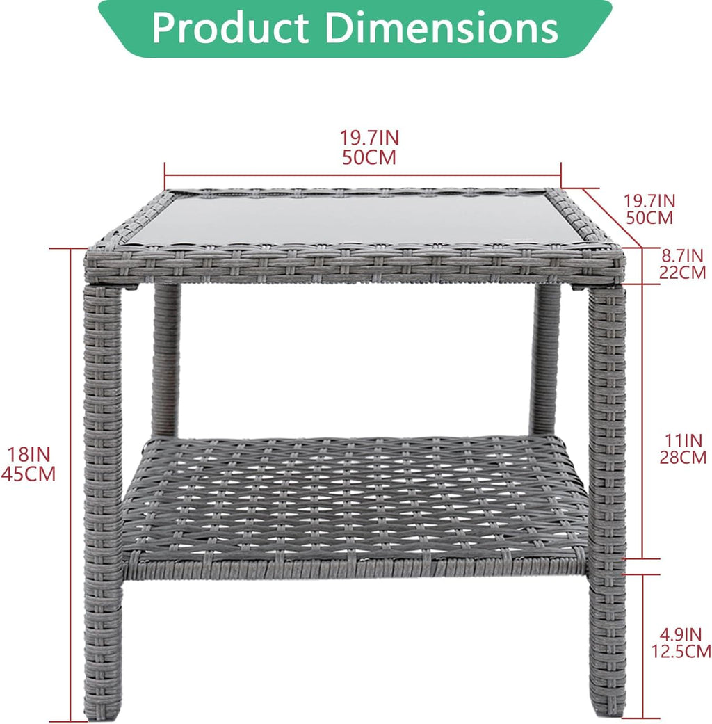 Helios&Hestia Square All Weather Rattan Wicker Outdoor Coffee Side End Table with Glass Top for Patio, Deck, Backyard, Garden, Grey