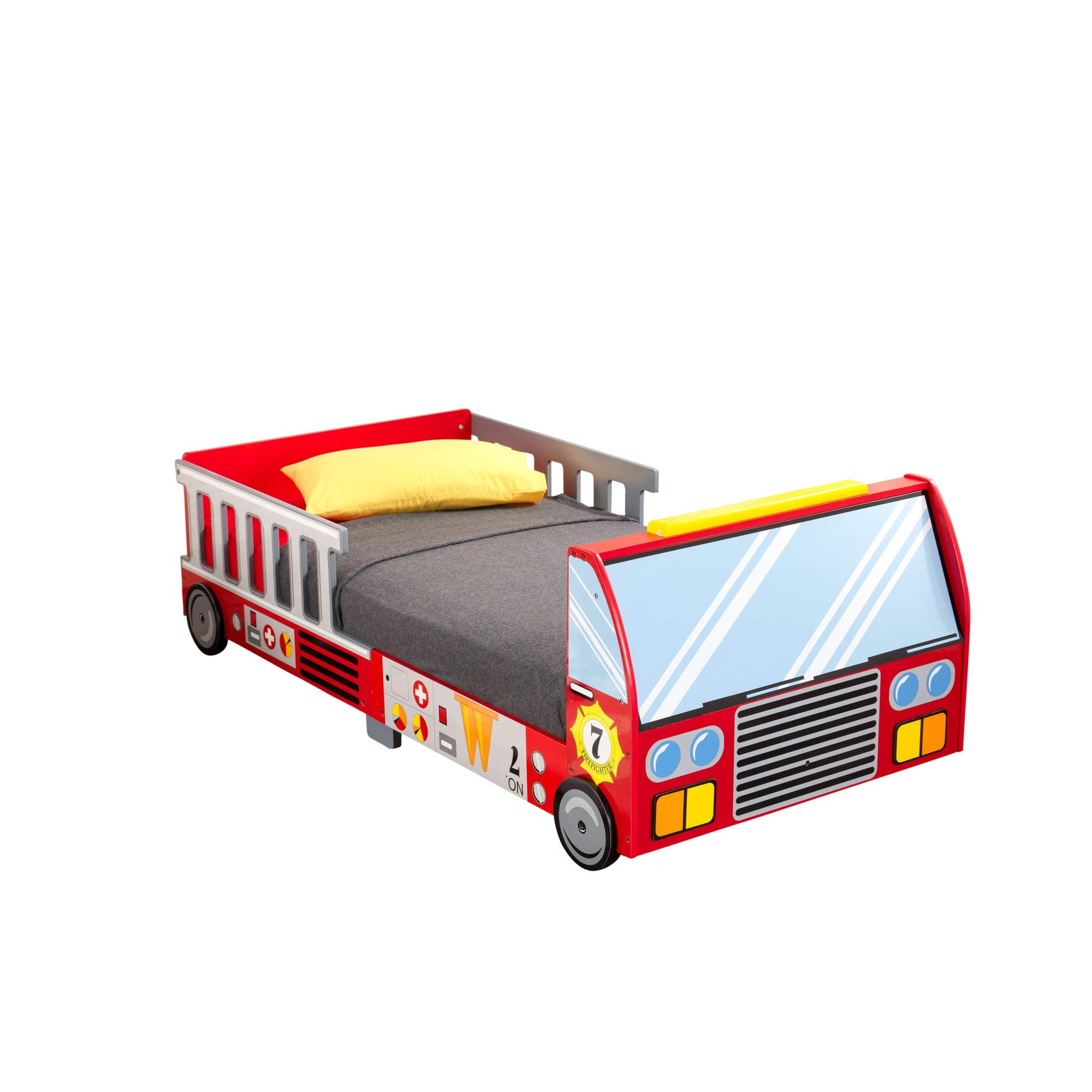 Lit pour tout-petit en bois KidKraft Camion de pompiers avec barrières de protection, mobilier pour enfants - Rouge, cadeau pour enfants de 15 mois et plus