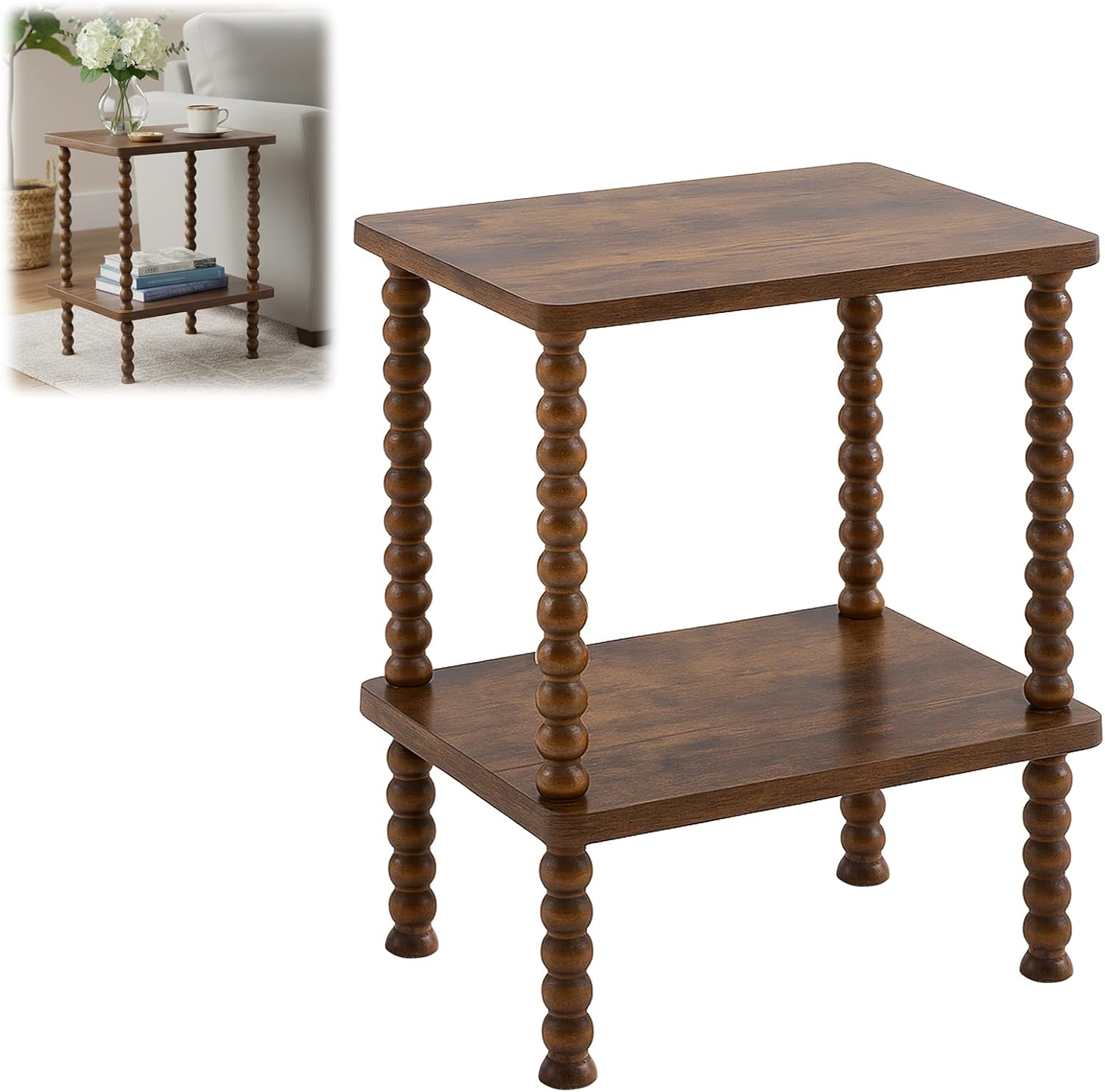 2 Tier Spindle Side Table Small Rustic Vintage Brown Bedside Nightstand Coffee End Table with Storage Shelf Nightstand for Small Spaces, Bedroom, Indoor Outdoor, Living Room, Farmhouse, Easy Assembly