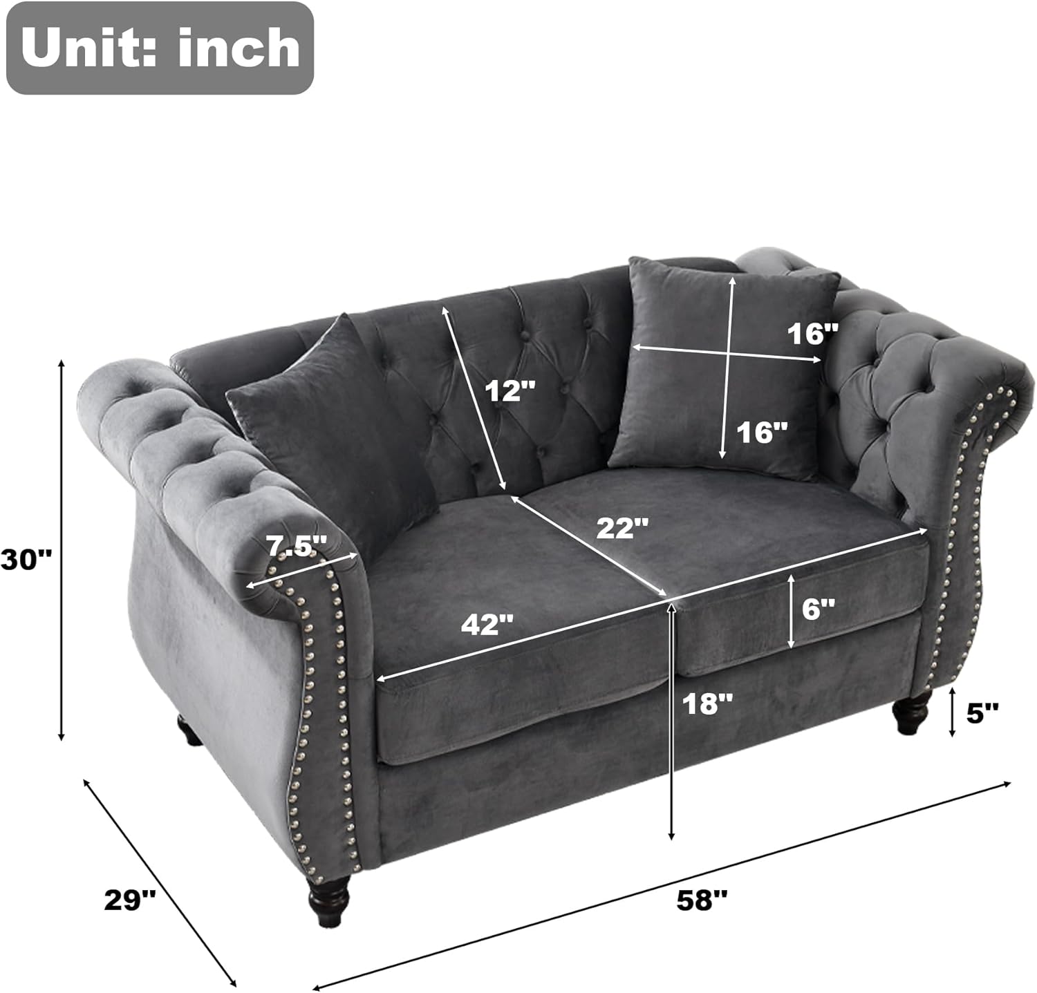 59" Chesterfield Loveseat Velvet Sofa for Living Room,2-Seater Sofa Tufted Couch with Two Pillows,Rolled Arms and Nailhead for Living Room, Bedroom, Office Grey