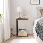 TUTOTAK C Shaped End Table with Charging Station, Side Table for Sofa, Couch Table with Storage Bag, TV Tray with 2 USB Ports and Outlets for Living Room, Bedroom, Brown TB01BB024